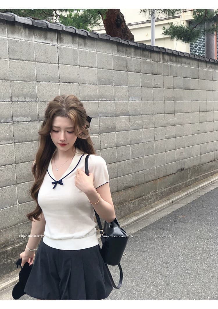 학원 스타일 배색 V넥 반팔 니트 티셔츠 여성 여름 나비 매듭 몸매 가꾸기 살구 색상 양모 달콤함 순수한 욕망 맨위 상세 이미지 19