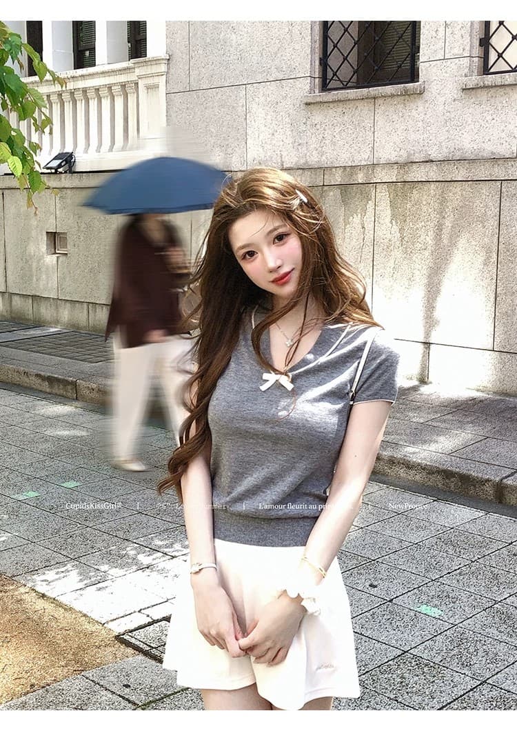 학원 스타일 배색 V넥 반팔 니트 티셔츠 여성 여름 나비 매듭 몸매 가꾸기 살구 색상 양모 달콤함 순수한 욕망 맨위 상세 이미지 24
