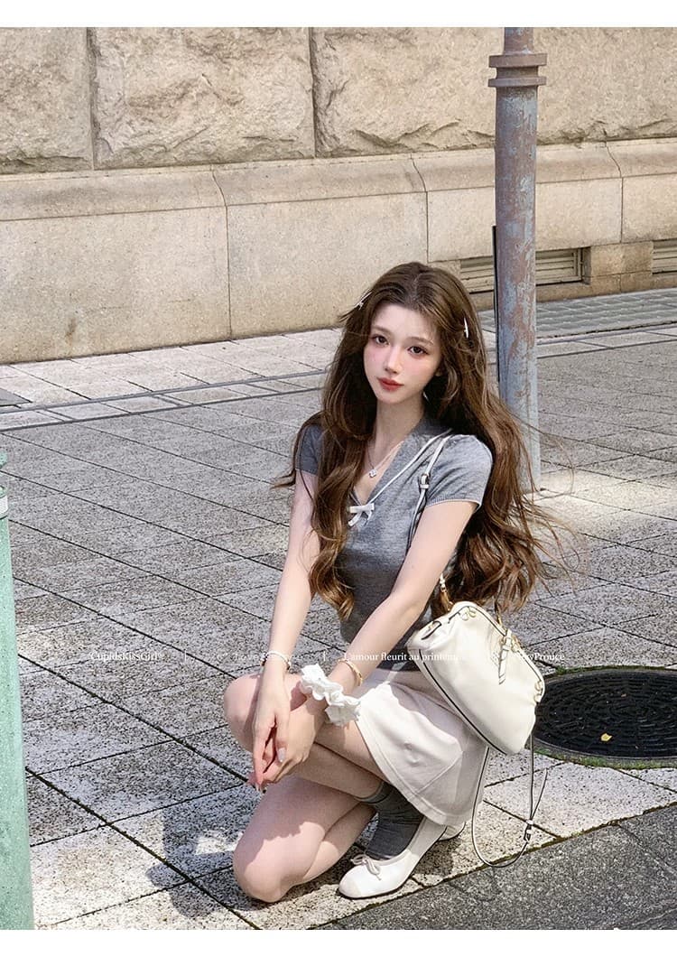 학원 스타일 배색 V넥 반팔 니트 티셔츠 여성 여름 나비 매듭 몸매 가꾸기 살구 색상 양모 달콤함 순수한 욕망 맨위 상세 이미지 29