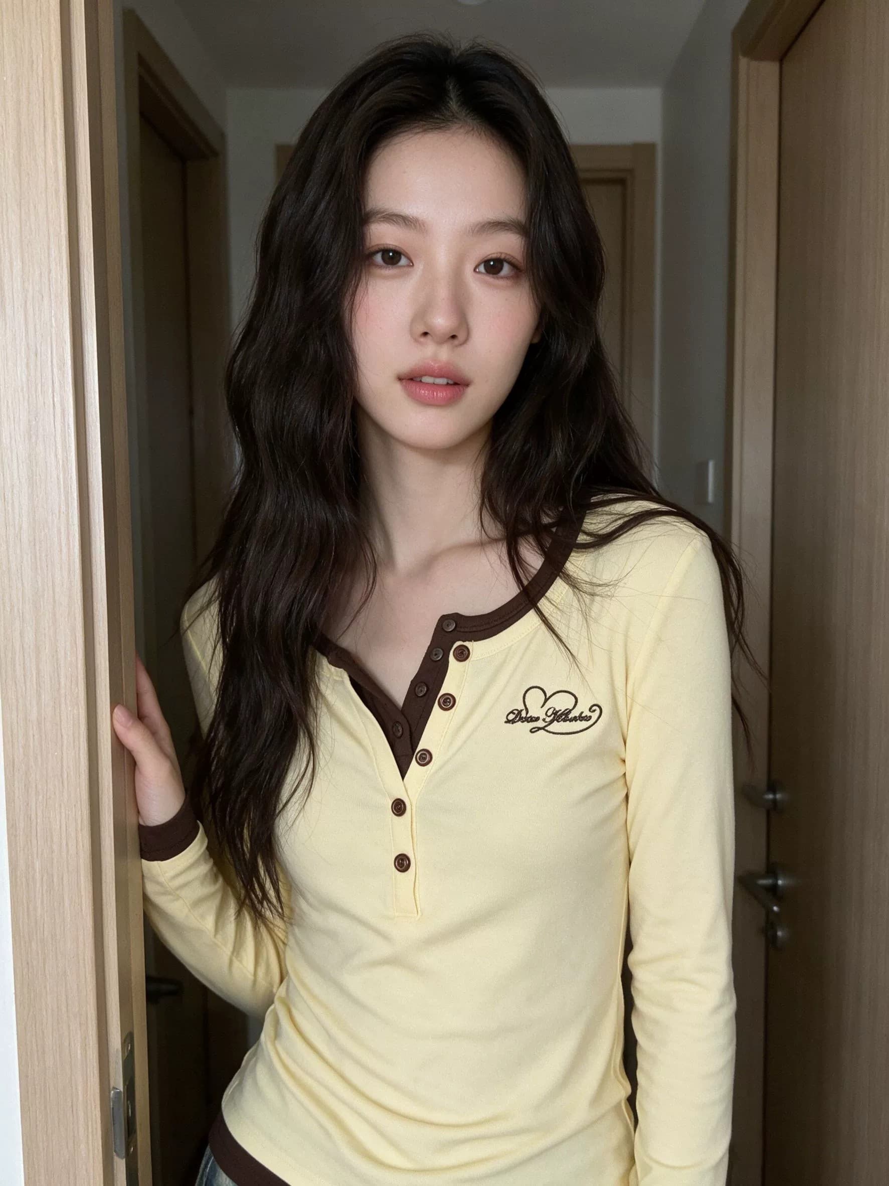 디자인 센스 황색 페이크 레이어드 긴팔 티셔츠 여성 2026 이른 가을 한국 스타일 ins 순수한 욕망 몸매 가꾸기 슬림해 보이는 긍정적 인 어깨 의류 이미지 3