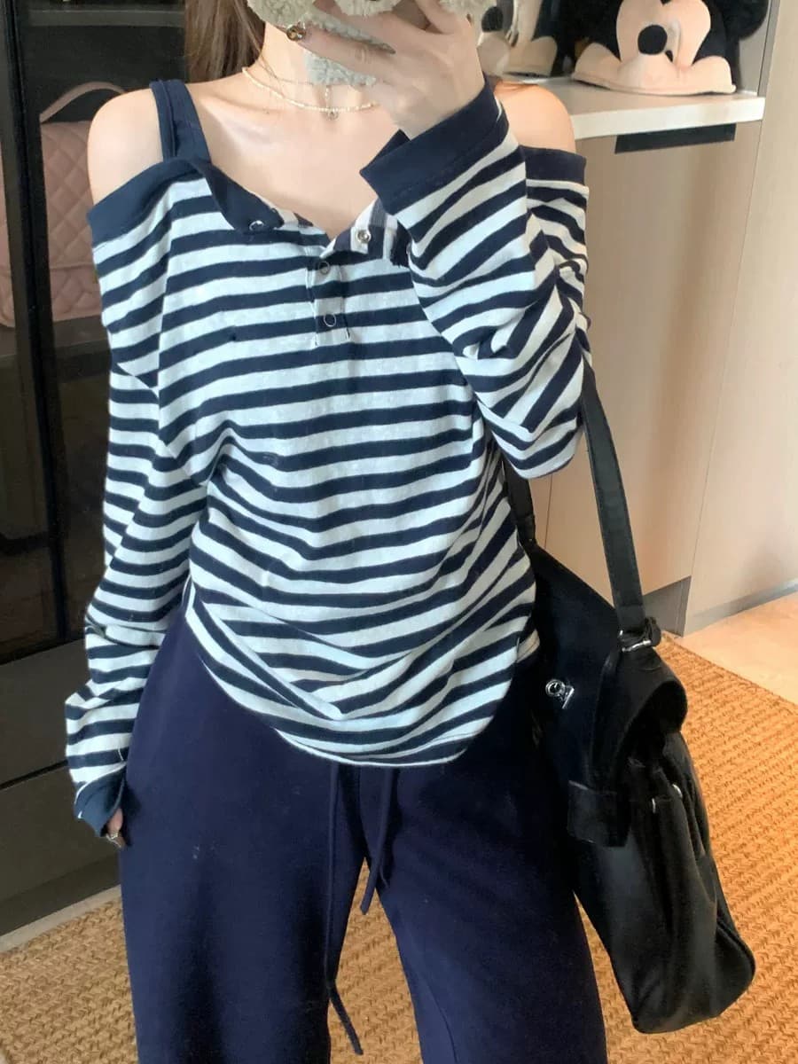 스트라이프 오프숄더 슬립 페이크 레이어드 긴팔 티셔츠 여성 가을 몸매 가꾸기 인사이드 가져 가라. 기본 셔츠 이른 가을 오프숄더 맨위 상세 이미지 4