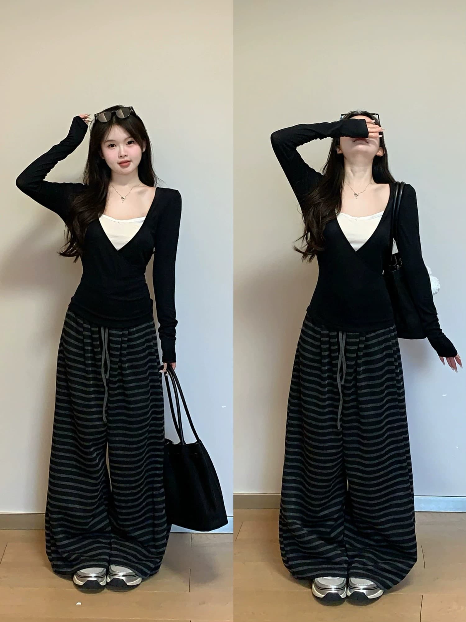 디자인 센스 배색 패치워크 기본 셔츠 티셔츠 여성 가을 작은 대중 몸매 가꾸기 Chic 페이크 레이어드 인사이드 가져 가라. 긴팔 맨위 상세 이미지 11