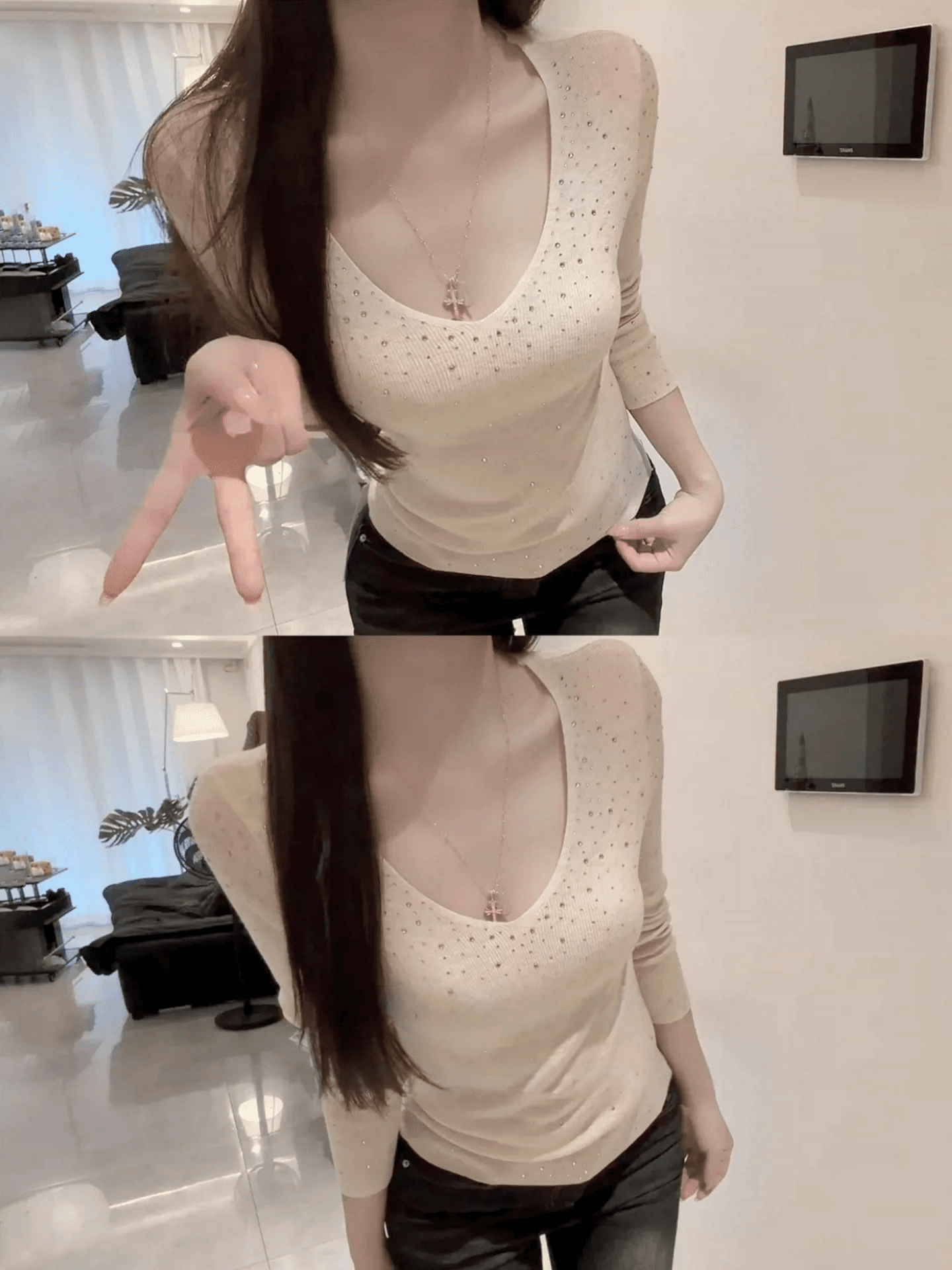 순수한 욕망 V넥 핫픽스 긴팔 니트 스웨터 여성 가을 겨울 몸매 가꾸기 슬림해 보이는 인사이드 가져 가라. 디스플레이 몸 품격 기본 셔츠 맨위 이미지 2