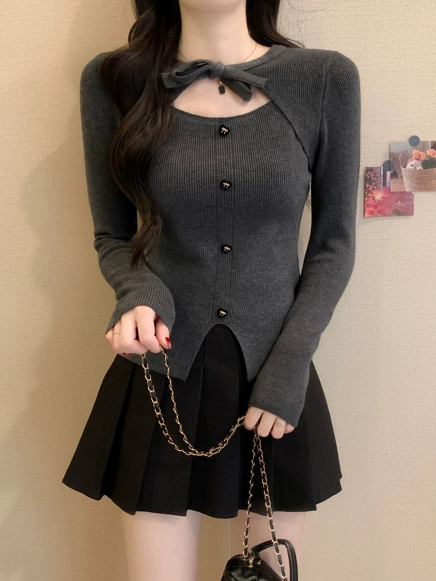 작은 샤넬 스타일 크리스마스 빨간색 나비 매듭 니트 스웨터 여성 가을 겨울 디자인 센스 몸매 가꾸기 스웨터 인사이드 가져 가라. 기본 셔츠 맨위 이미지 4