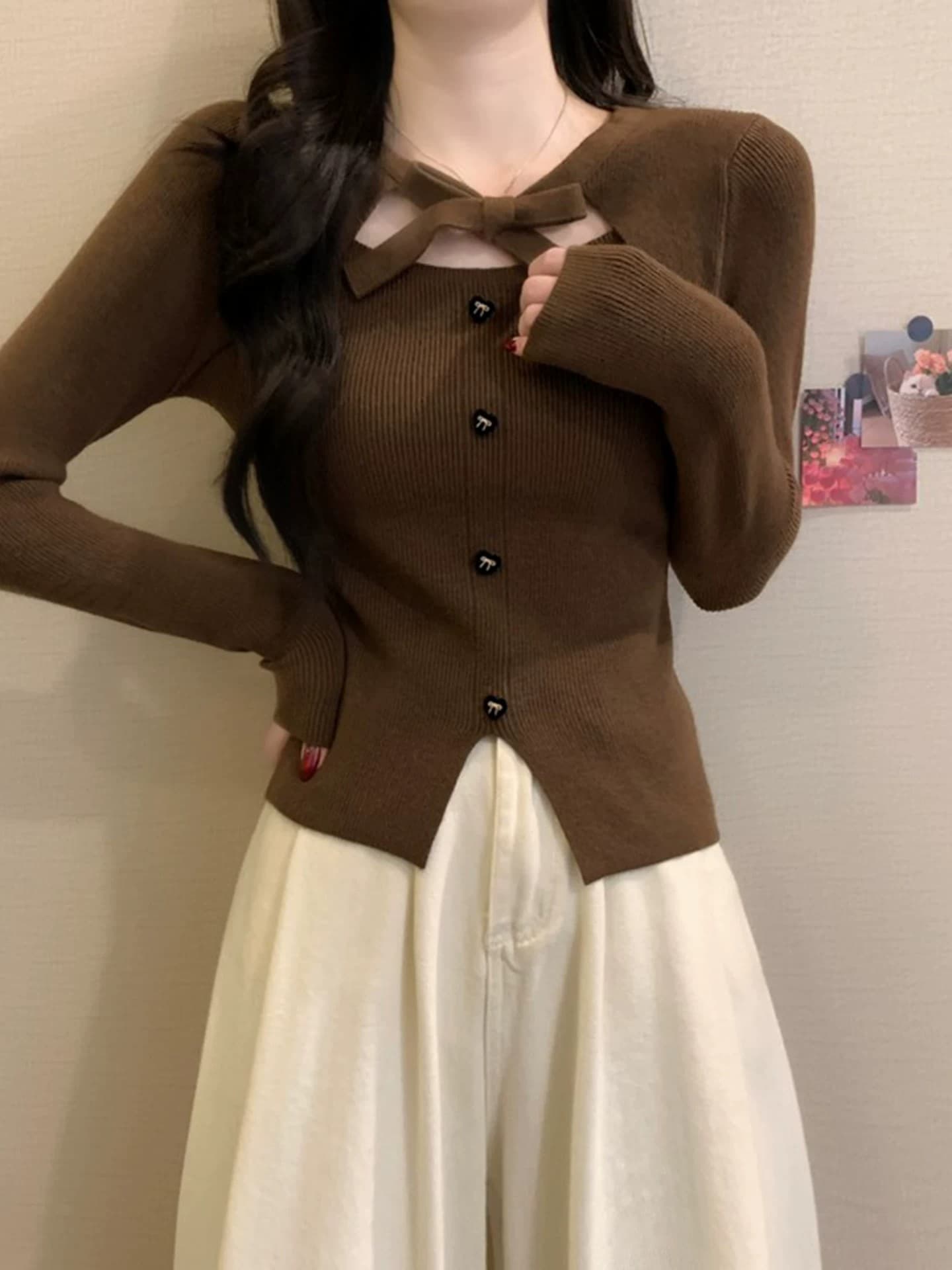 작은 샤넬 스타일 크리스마스 빨간색 나비 매듭 니트 스웨터 여성 가을 겨울 디자인 센스 몸매 가꾸기 스웨터 인사이드 가져 가라. 기본 셔츠 맨위 이미지 3