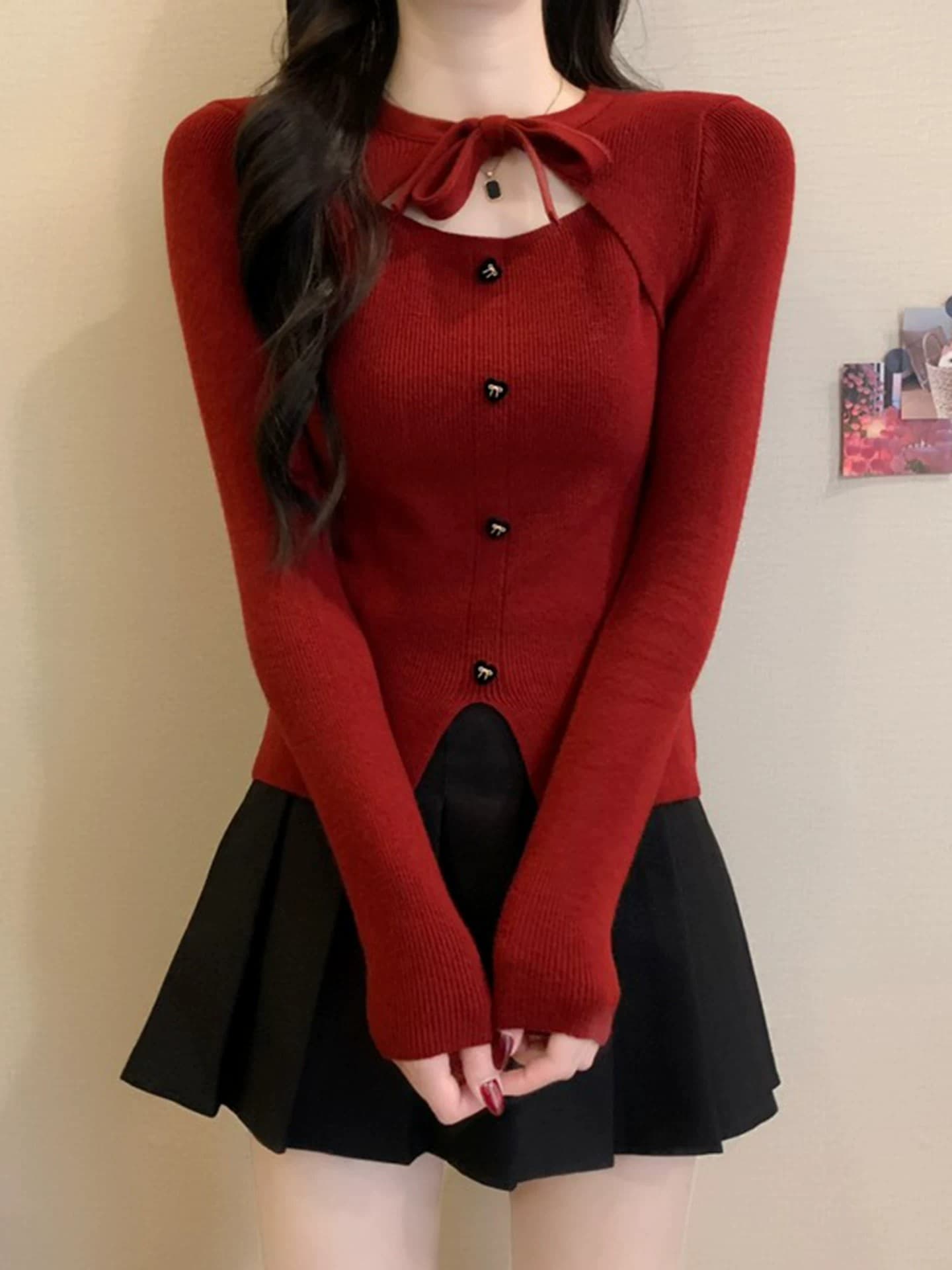 작은 샤넬 스타일 크리스마스 빨간색 나비 매듭 니트 스웨터 여성 가을 겨울 디자인 센스 몸매 가꾸기 스웨터 인사이드 가져 가라. 기본 셔츠 맨위