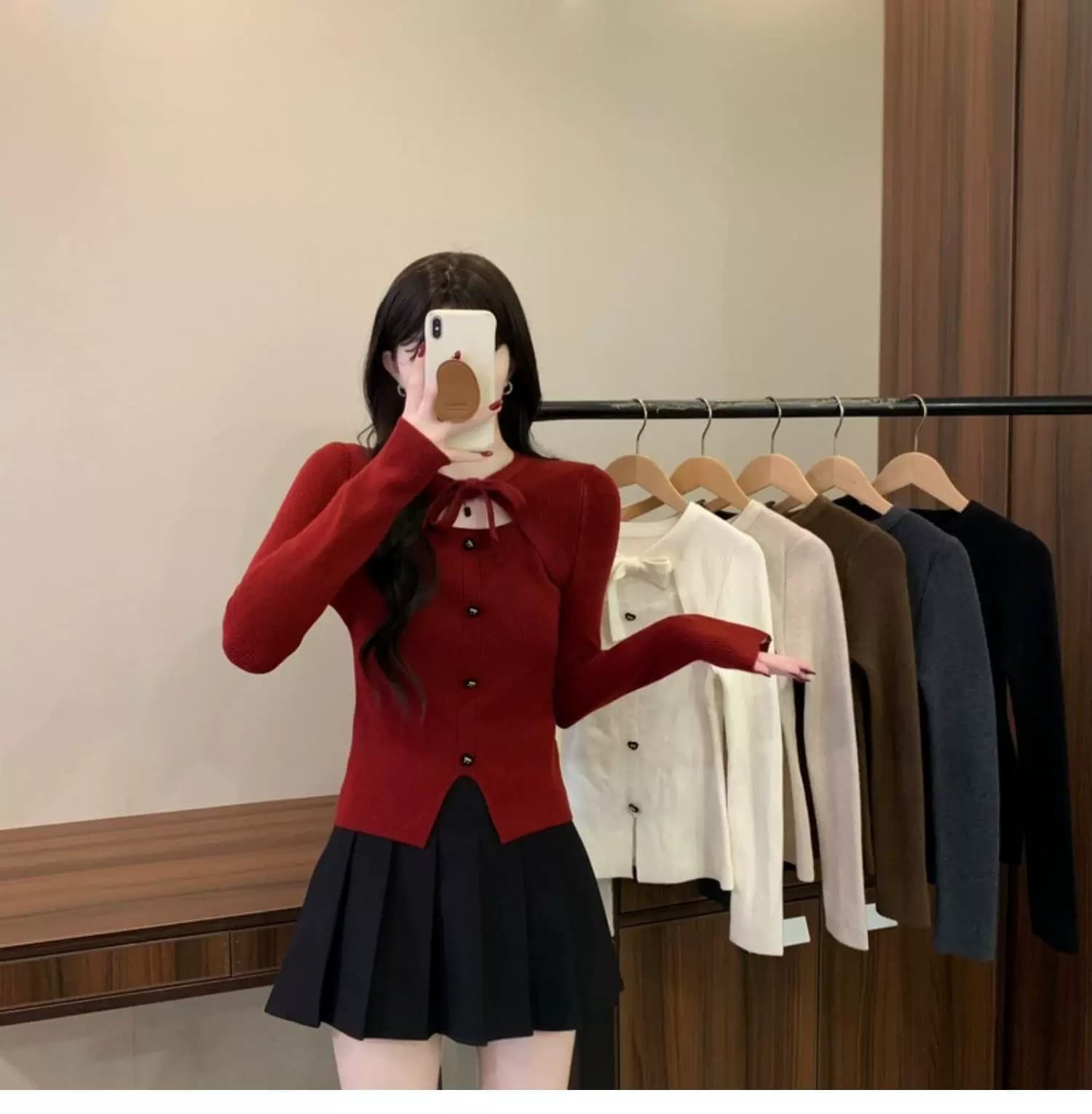 작은 샤넬 스타일 크리스마스 빨간색 나비 매듭 니트 스웨터 여성 가을 겨울 디자인 센스 몸매 가꾸기 스웨터 인사이드 가져 가라. 기본 셔츠 맨위 상세 이미지 1