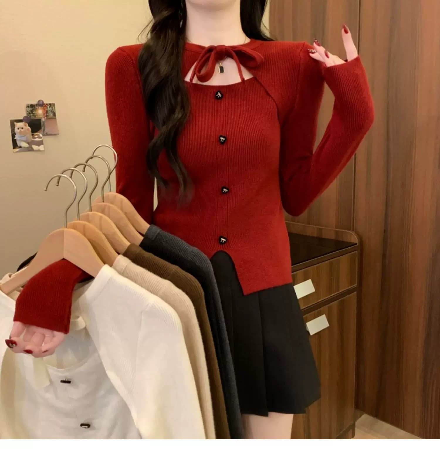 작은 샤넬 스타일 크리스마스 빨간색 나비 매듭 니트 스웨터 여성 가을 겨울 디자인 센스 몸매 가꾸기 스웨터 인사이드 가져 가라. 기본 셔츠 맨위 상세 이미지 2