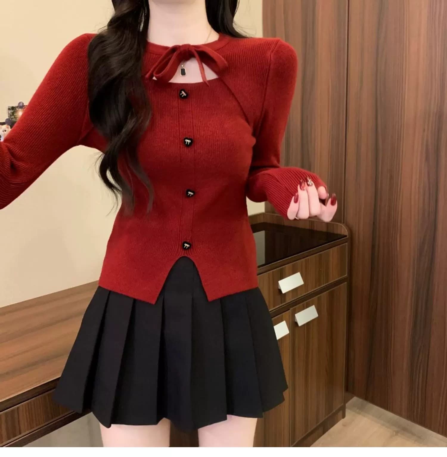 작은 샤넬 스타일 크리스마스 빨간색 나비 매듭 니트 스웨터 여성 가을 겨울 디자인 센스 몸매 가꾸기 스웨터 인사이드 가져 가라. 기본 셔츠 맨위 상세 이미지 3