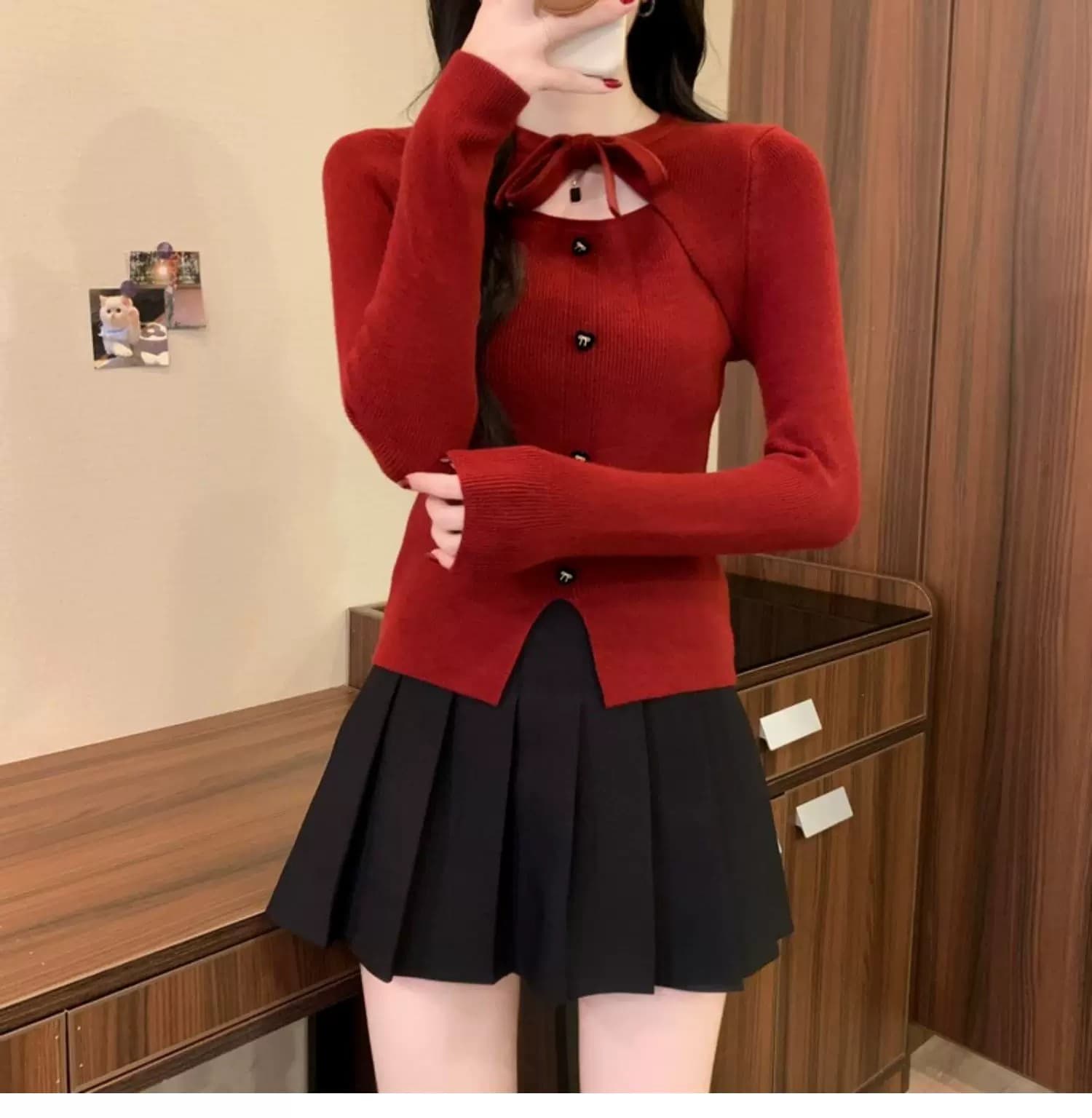 작은 샤넬 스타일 크리스마스 빨간색 나비 매듭 니트 스웨터 여성 가을 겨울 디자인 센스 몸매 가꾸기 스웨터 인사이드 가져 가라. 기본 셔츠 맨위 상세 이미지 4