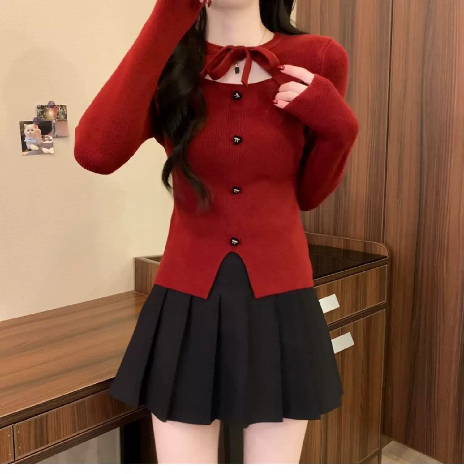 작은 샤넬 스타일 크리스마스 빨간색 나비 매듭 니트 스웨터 여성 가을 겨울 디자인 센스 몸매 가꾸기 스웨터 인사이드 가져 가라. 기본 셔츠 맨위 상세 이미지 5