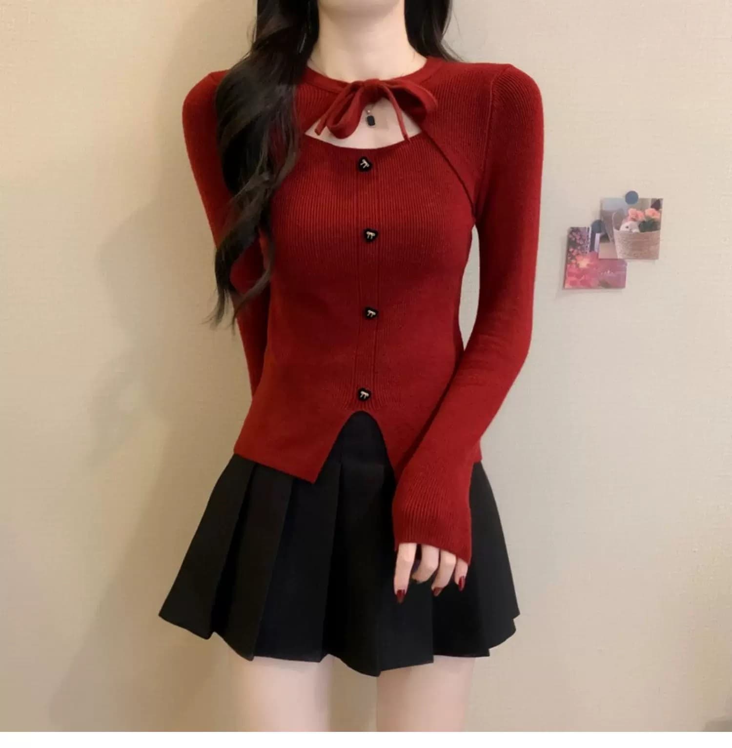 작은 샤넬 스타일 크리스마스 빨간색 나비 매듭 니트 스웨터 여성 가을 겨울 디자인 센스 몸매 가꾸기 스웨터 인사이드 가져 가라. 기본 셔츠 맨위 상세 이미지 6