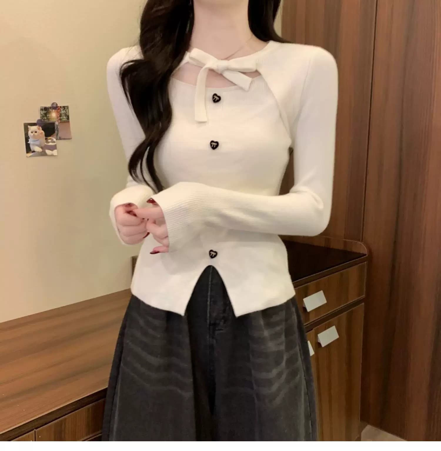 작은 샤넬 스타일 크리스마스 빨간색 나비 매듭 니트 스웨터 여성 가을 겨울 디자인 센스 몸매 가꾸기 스웨터 인사이드 가져 가라. 기본 셔츠 맨위 상세 이미지 10