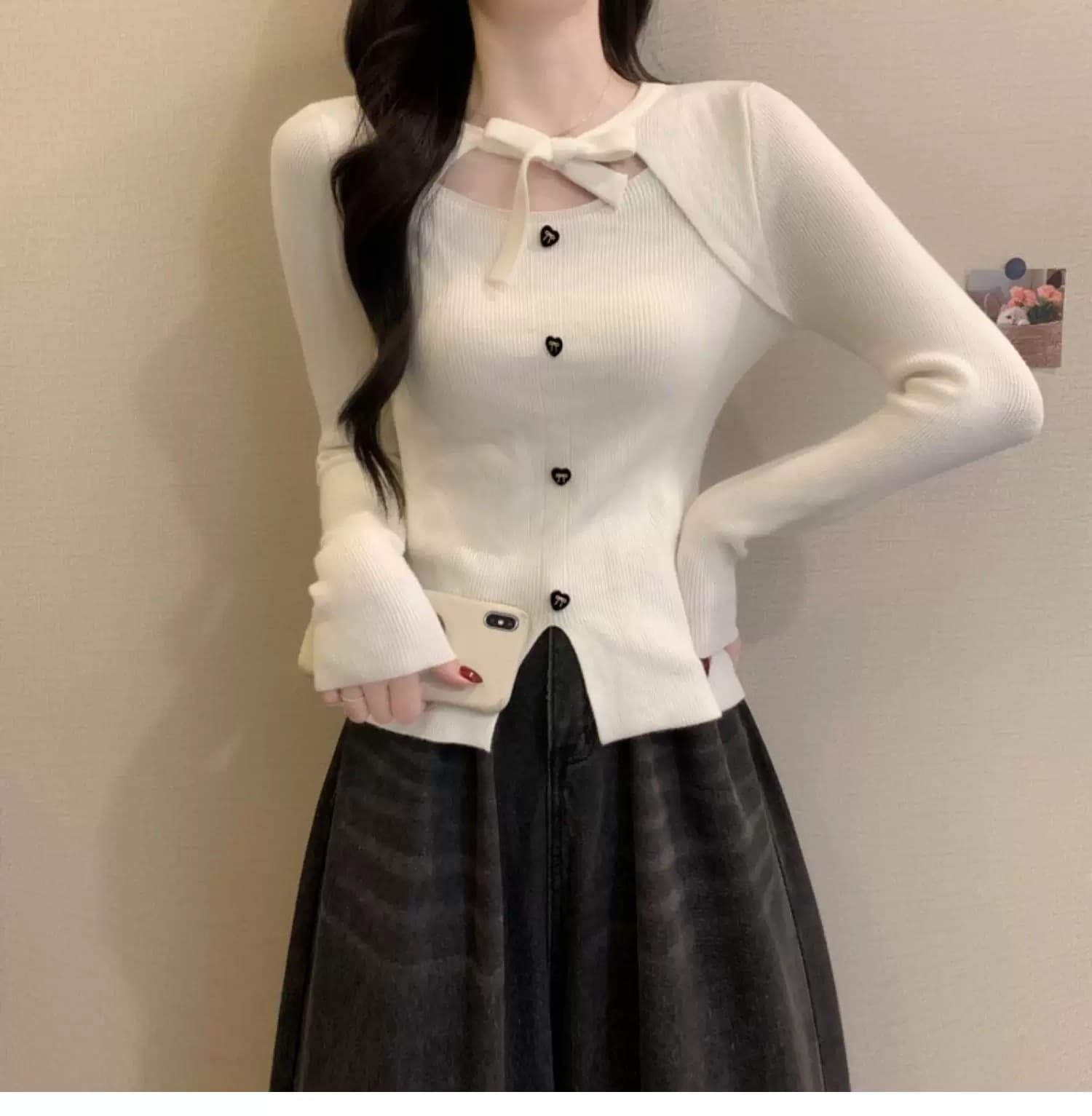 작은 샤넬 스타일 크리스마스 빨간색 나비 매듭 니트 스웨터 여성 가을 겨울 디자인 센스 몸매 가꾸기 스웨터 인사이드 가져 가라. 기본 셔츠 맨위 상세 이미지 11