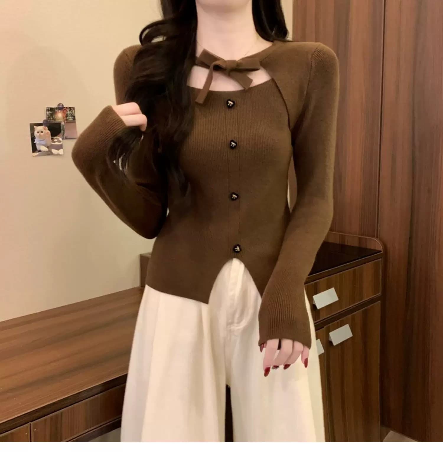 작은 샤넬 스타일 크리스마스 빨간색 나비 매듭 니트 스웨터 여성 가을 겨울 디자인 센스 몸매 가꾸기 스웨터 인사이드 가져 가라. 기본 셔츠 맨위 상세 이미지 14