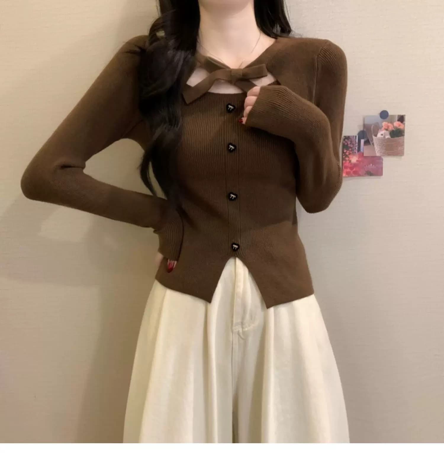 작은 샤넬 스타일 크리스마스 빨간색 나비 매듭 니트 스웨터 여성 가을 겨울 디자인 센스 몸매 가꾸기 스웨터 인사이드 가져 가라. 기본 셔츠 맨위 상세 이미지 15