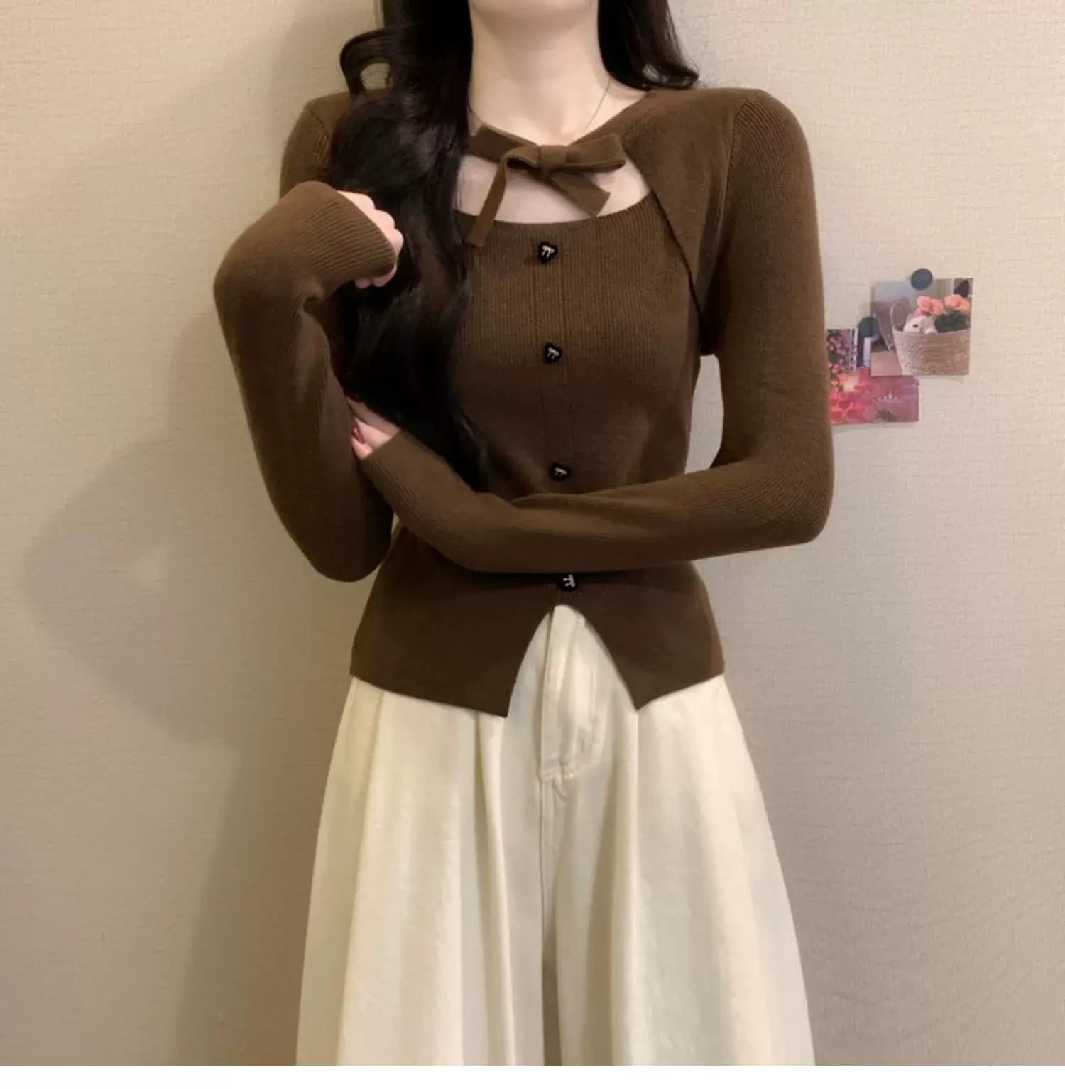 작은 샤넬 스타일 크리스마스 빨간색 나비 매듭 니트 스웨터 여성 가을 겨울 디자인 센스 몸매 가꾸기 스웨터 인사이드 가져 가라. 기본 셔츠 맨위 상세 이미지 17