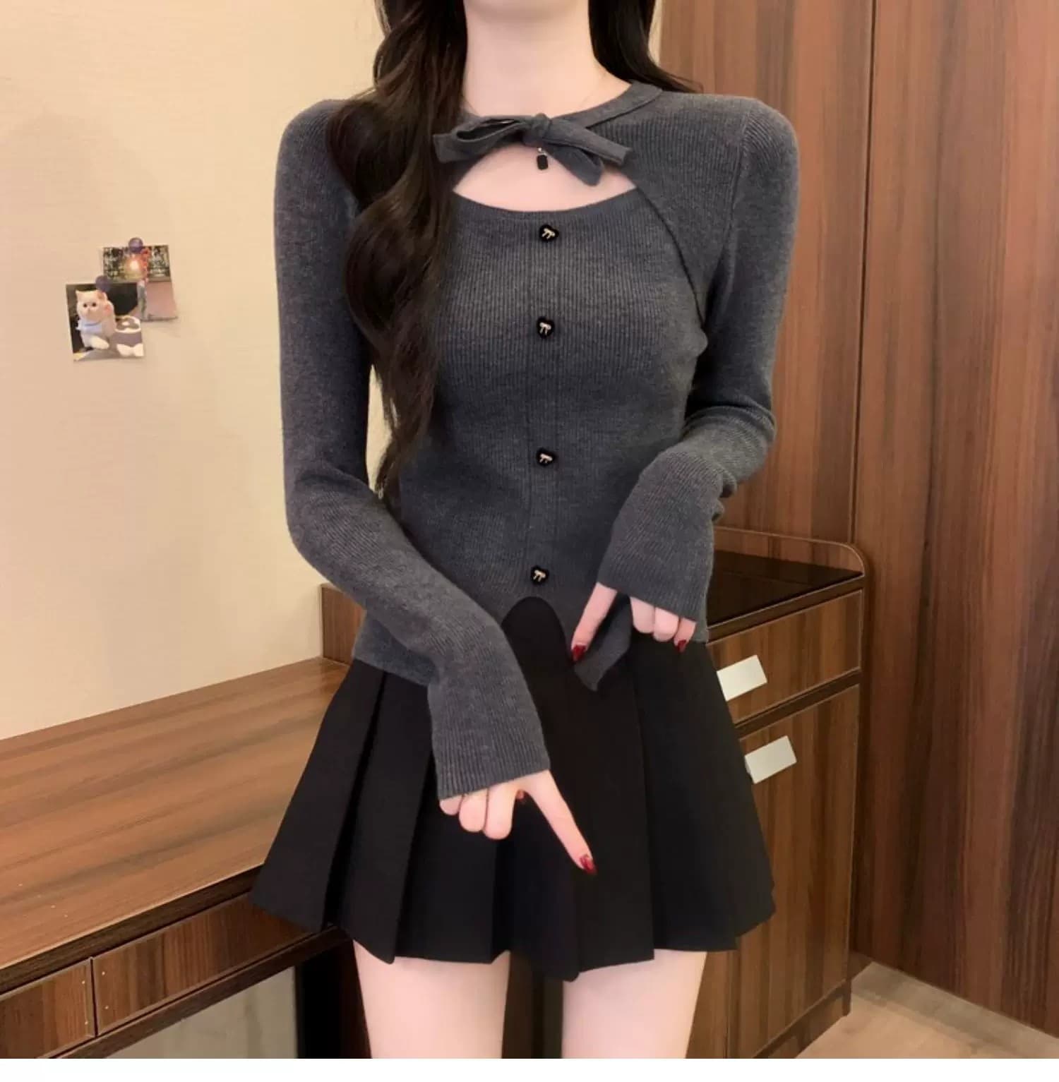 작은 샤넬 스타일 크리스마스 빨간색 나비 매듭 니트 스웨터 여성 가을 겨울 디자인 센스 몸매 가꾸기 스웨터 인사이드 가져 가라. 기본 셔츠 맨위 상세 이미지 19