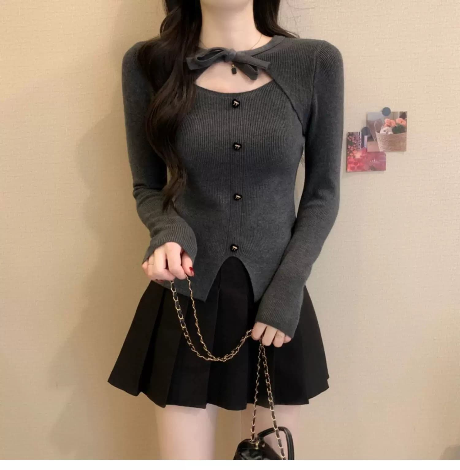 작은 샤넬 스타일 크리스마스 빨간색 나비 매듭 니트 스웨터 여성 가을 겨울 디자인 센스 몸매 가꾸기 스웨터 인사이드 가져 가라. 기본 셔츠 맨위 상세 이미지 20