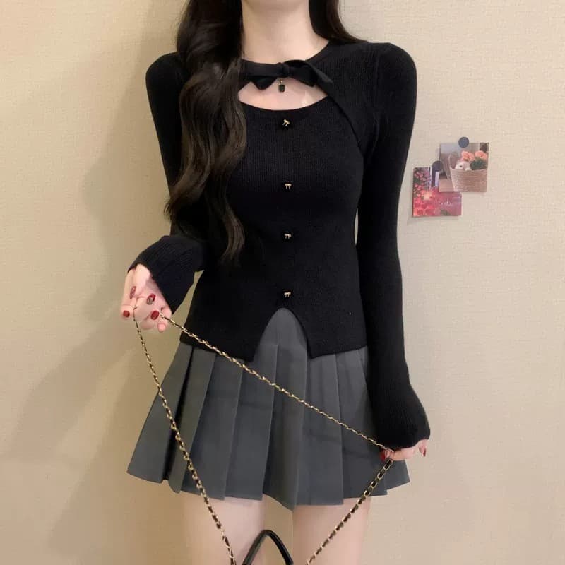 작은 샤넬 스타일 크리스마스 빨간색 나비 매듭 니트 스웨터 여성 가을 겨울 디자인 센스 몸매 가꾸기 스웨터 인사이드 가져 가라. 기본 셔츠 맨위 상세 이미지 27