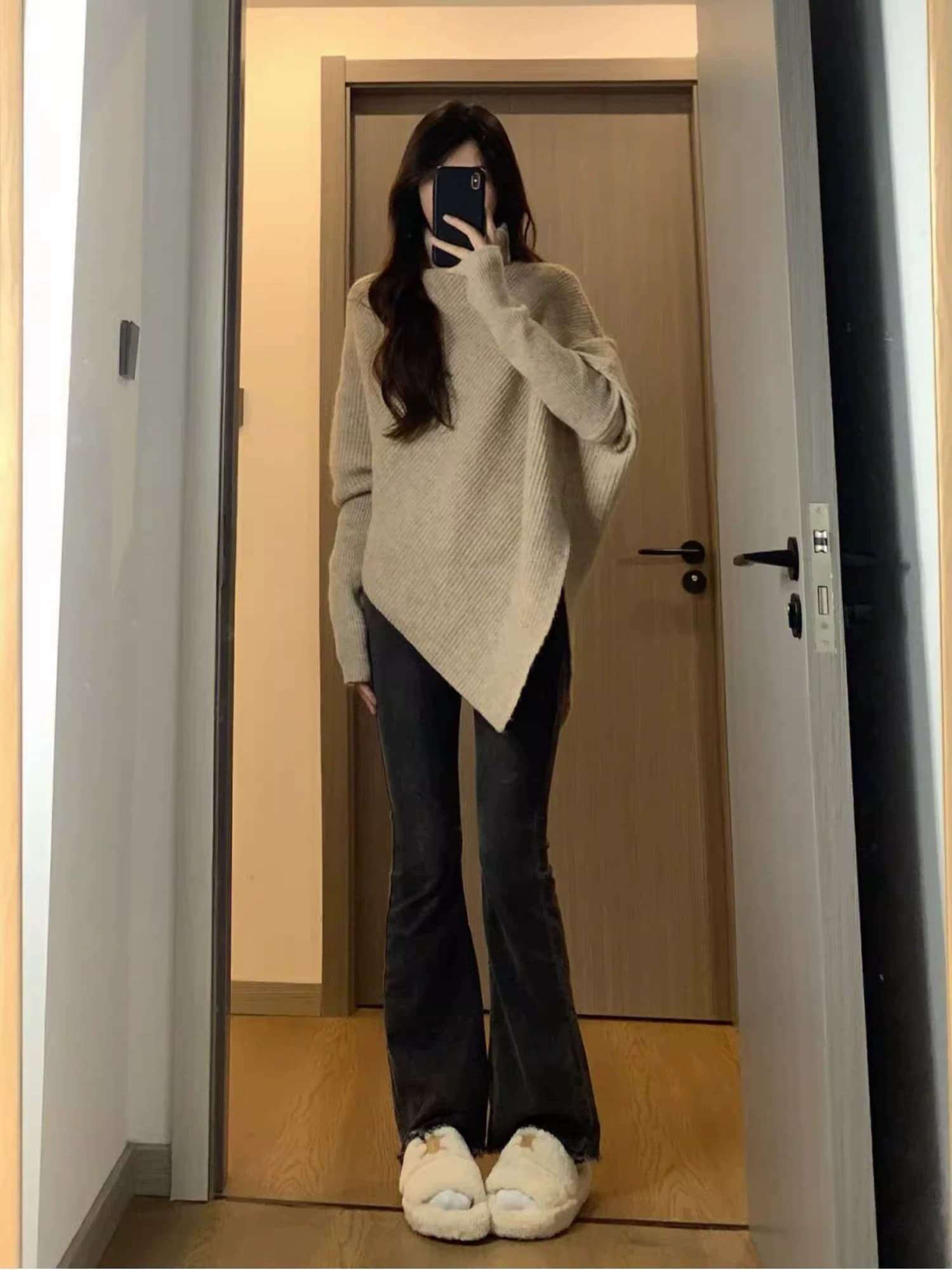 불규칙 터틀넥 스웨터 여자 2026 가을 겨울철 한 부서 새해 빨간색 고급 센스 느긋한 두꺼운 니트 맨위 이미지 4