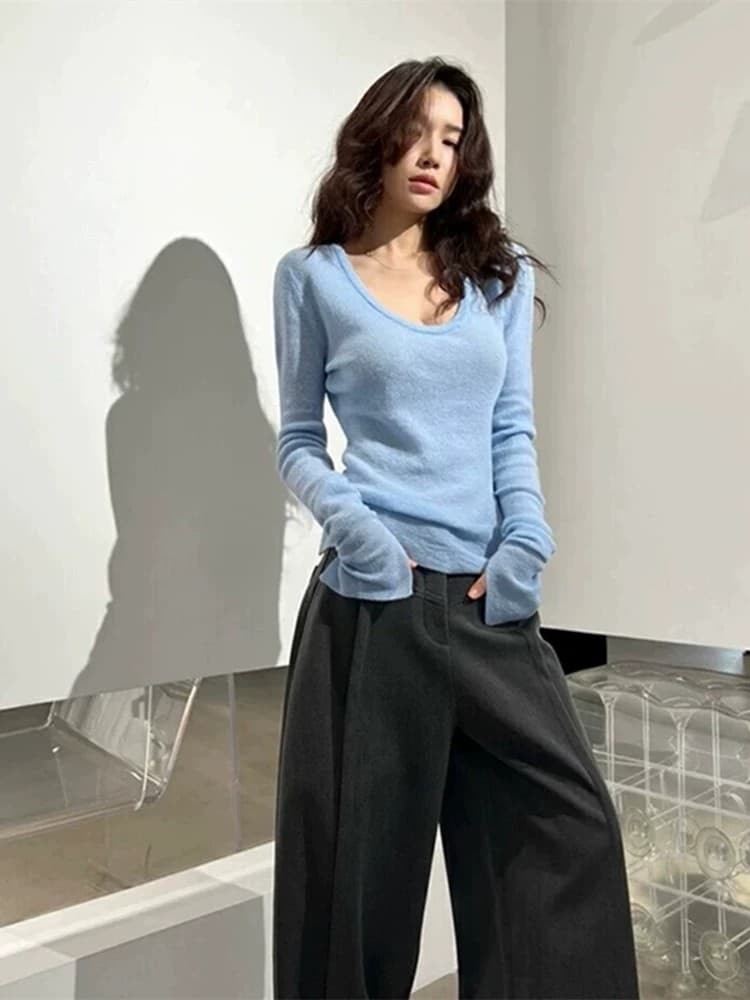한 부서 파란색 u 칼라 긴팔 니트 스웨터 여성 봄 가을 몸매 가꾸기 부드러운 찹쌀 인사이드 가져 가라. 기본 셔츠 티셔츠 긍정적 인 어깨 낮은 네크라인 맨위