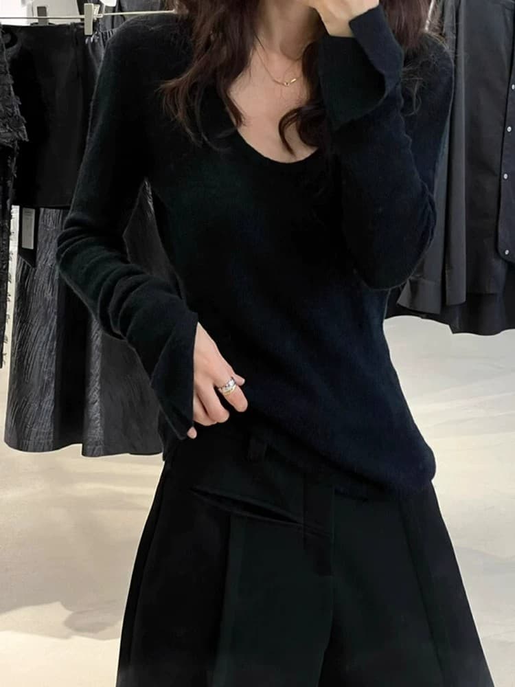 한 부서 파란색 u 칼라 긴팔 니트 스웨터 여성 봄 가을 몸매 가꾸기 부드러운 찹쌀 인사이드 가져 가라. 기본 셔츠 티셔츠 긍정적 인 어깨 낮은 네크라인 맨위 이미지 2