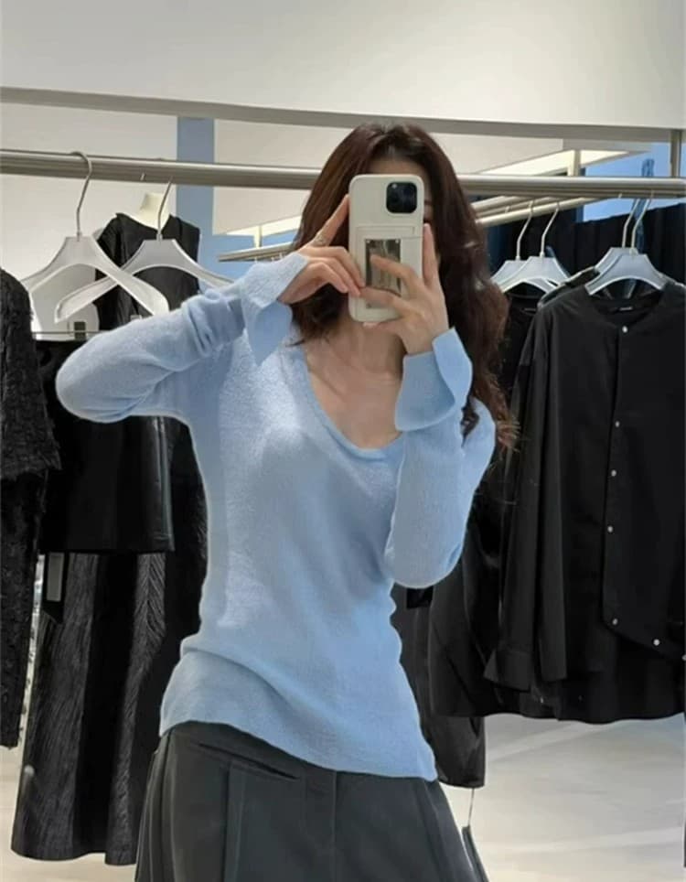 한 부서 파란색 u 칼라 긴팔 니트 스웨터 여성 봄 가을 몸매 가꾸기 부드러운 찹쌀 인사이드 가져 가라. 기본 셔츠 티셔츠 긍정적 인 어깨 낮은 네크라인 맨위 상세 이미지 1