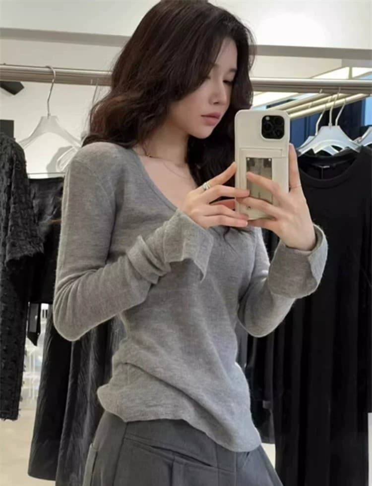 한 부서 파란색 u 칼라 긴팔 니트 스웨터 여성 봄 가을 몸매 가꾸기 부드러운 찹쌀 인사이드 가져 가라. 기본 셔츠 티셔츠 긍정적 인 어깨 낮은 네크라인 맨위 상세 이미지 6