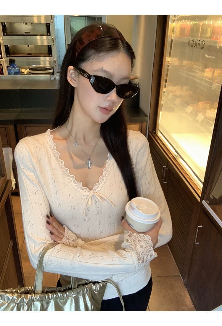 레드 맨 파빌리온 니트 스웨터 여성 가을 겨울철 착용 가져 가라. 레이스 인사이드 잡아라. 의류 한 부서 V넥 몸매 가꾸기 슬림해 보이는 긴팔 스웨터 상세 이미지 10