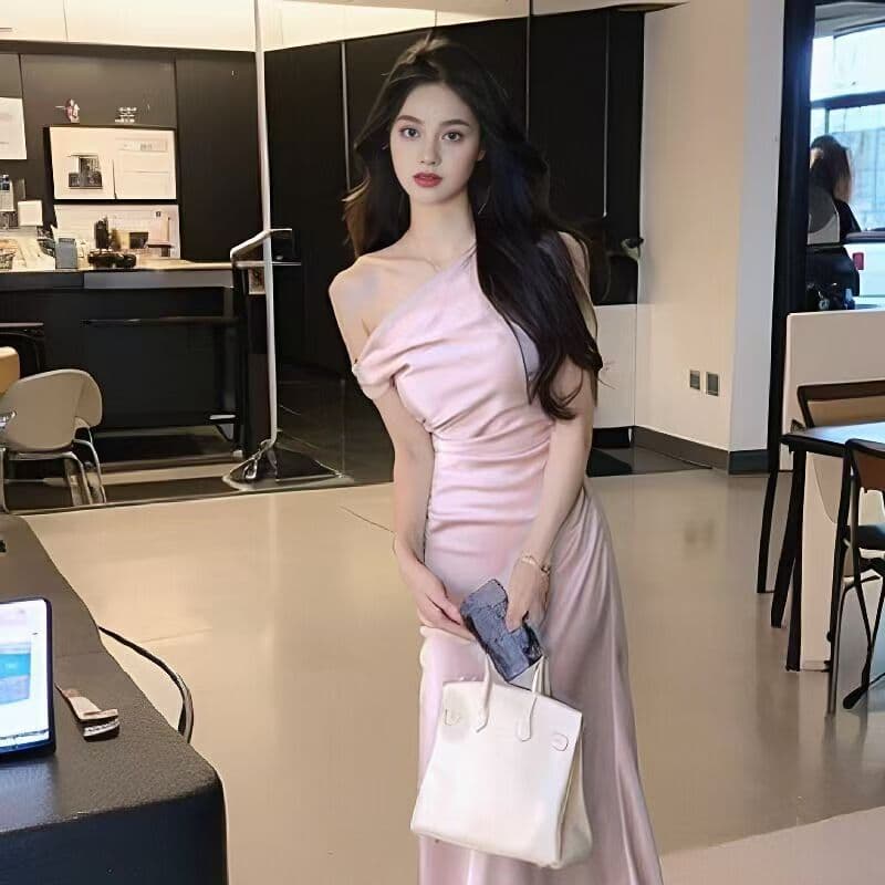 원본 원단 새틴 원단 드레스 품격 허리 수축 고급 센스 인어 꼬리 스커트 여성 오프숄더 작은 드레스 상세 이미지 1