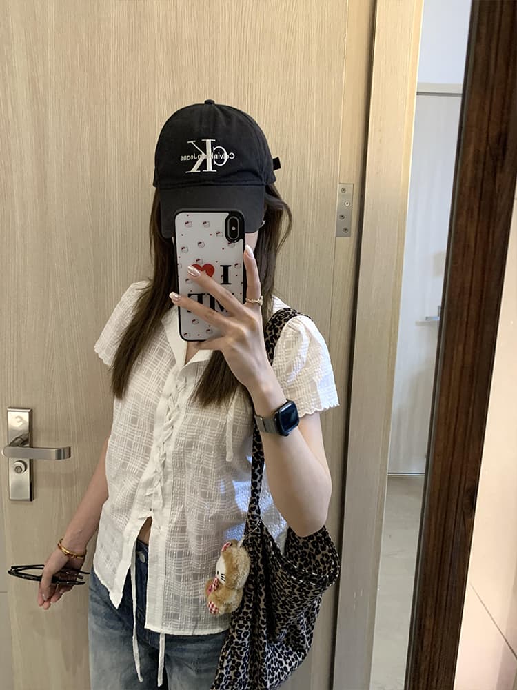프랑스식 레이스업 긍정적 인 어깨 반팔 여성 셔츠 여름 디자인 센스 작은 대중 외국 가스 캐주얼 다용도 고급 센스 맨위 이미지 4