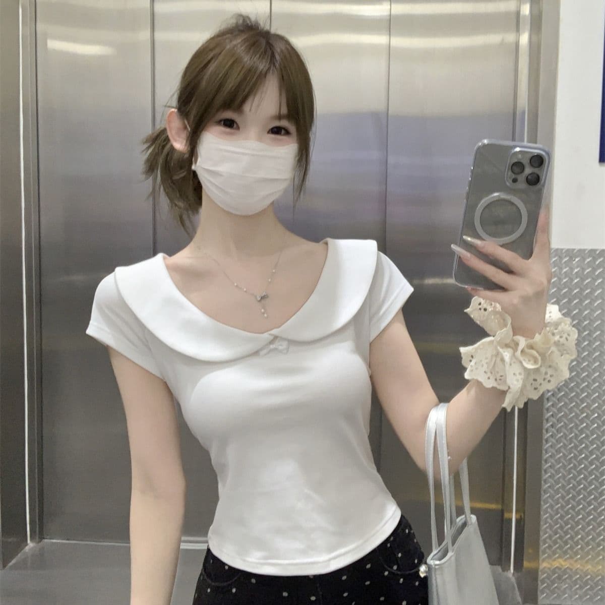 순수한 욕망 달콤함 베이비 칼라 반팔 티셔츠 여성 여름 새로운 연령 감소 쇼트 스타일 슬림해 보이는 순면 긍정적 인 어깨 다용도 맨위
