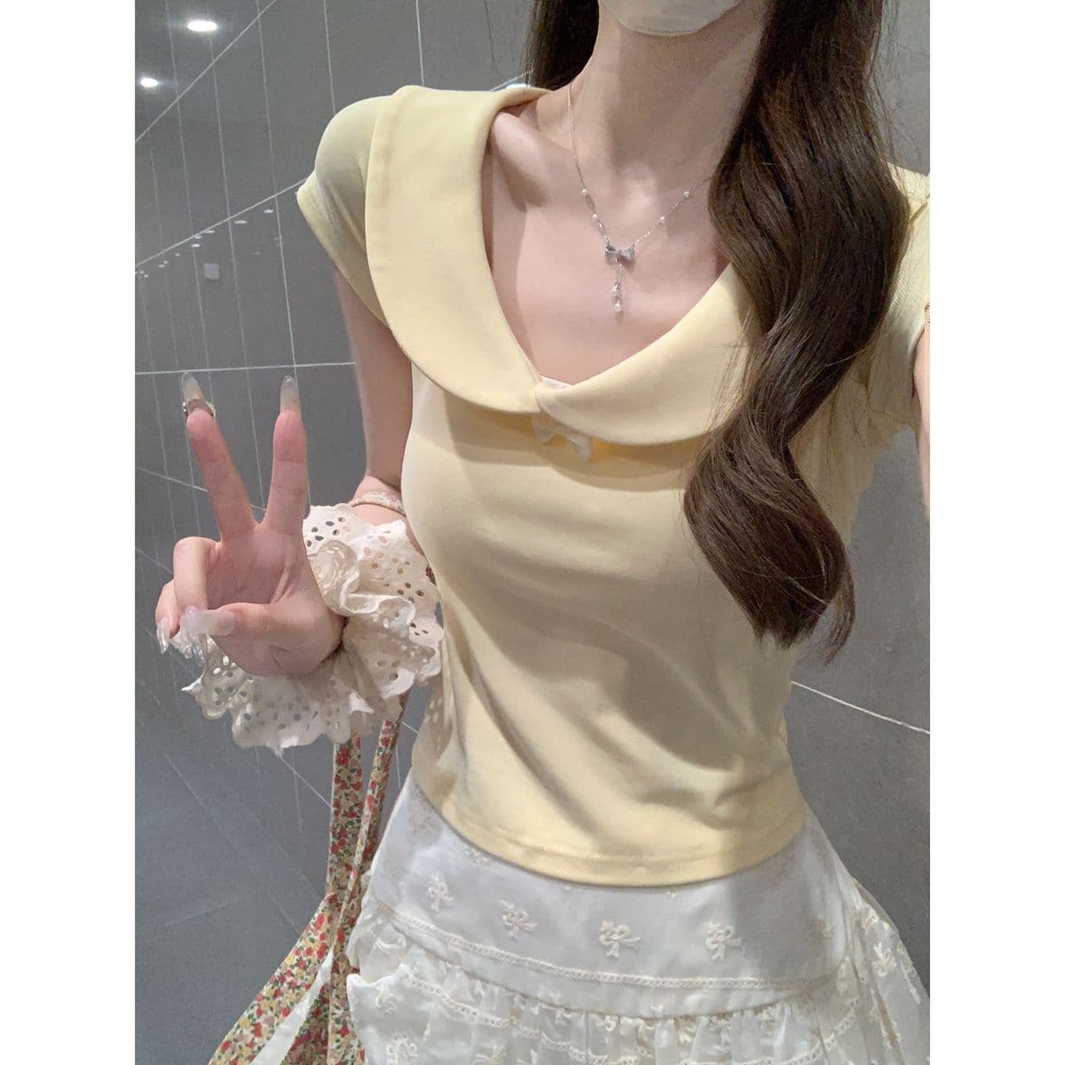순수한 욕망 달콤함 베이비 칼라 반팔 티셔츠 여성 여름 새로운 연령 감소 쇼트 스타일 슬림해 보이는 순면 긍정적 인 어깨 다용도 맨위 이미지 2