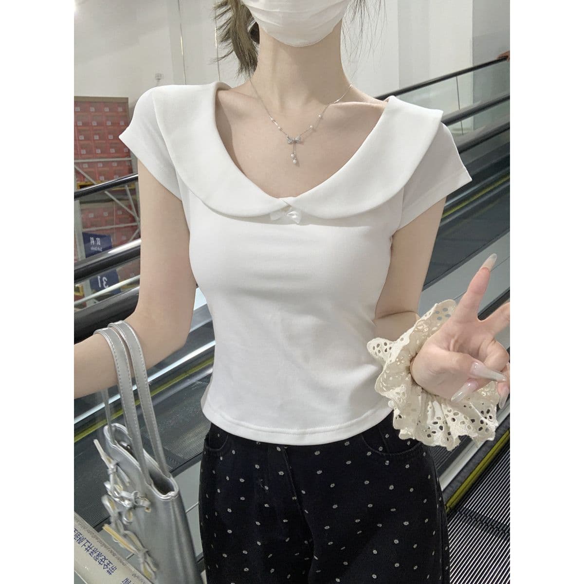 순수한 욕망 달콤함 베이비 칼라 반팔 티셔츠 여성 여름 새로운 연령 감소 쇼트 스타일 슬림해 보이는 순면 긍정적 인 어깨 다용도 맨위 이미지 3