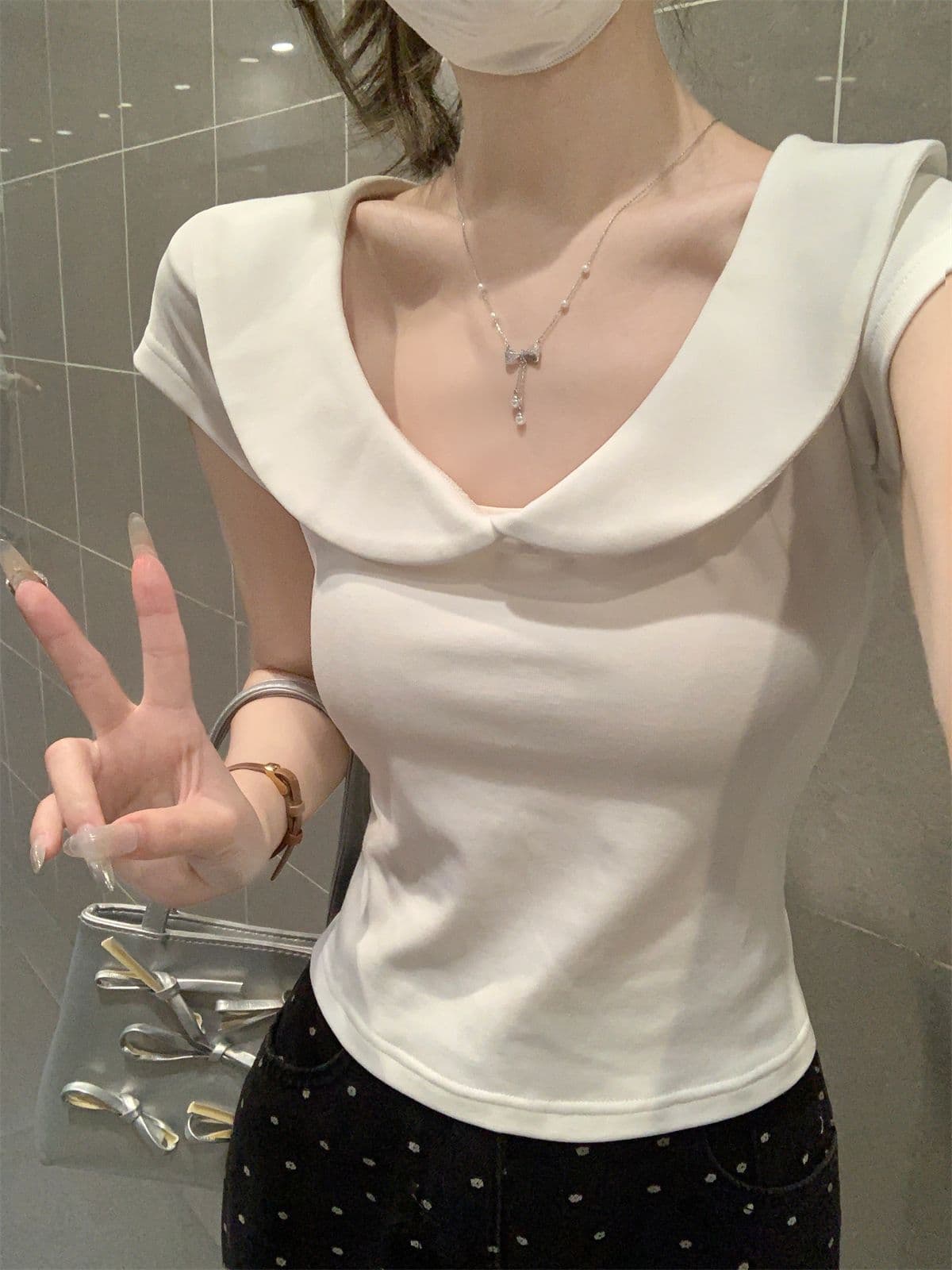 순수한 욕망 달콤함 베이비 칼라 반팔 티셔츠 여성 여름 새로운 연령 감소 쇼트 스타일 슬림해 보이는 순면 긍정적 인 어깨 다용도 맨위 상세 이미지 2