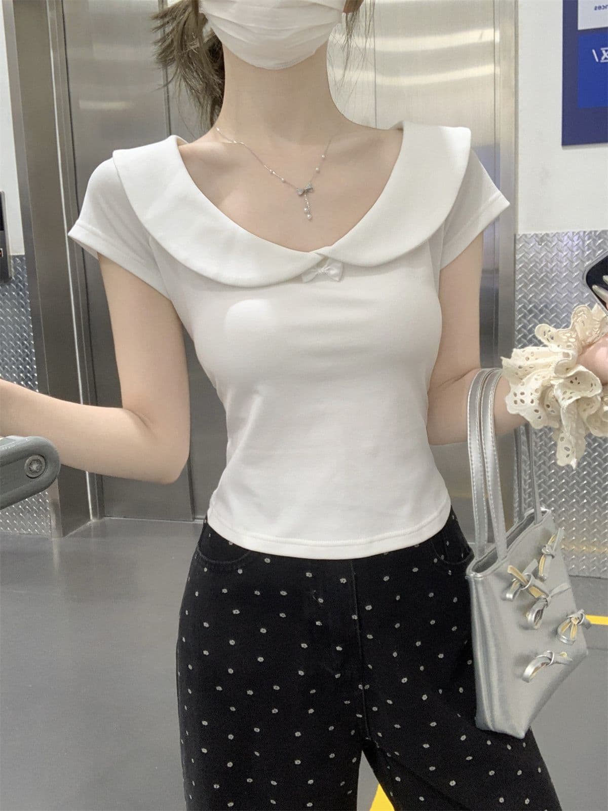 순수한 욕망 달콤함 베이비 칼라 반팔 티셔츠 여성 여름 새로운 연령 감소 쇼트 스타일 슬림해 보이는 순면 긍정적 인 어깨 다용도 맨위 상세 이미지 5