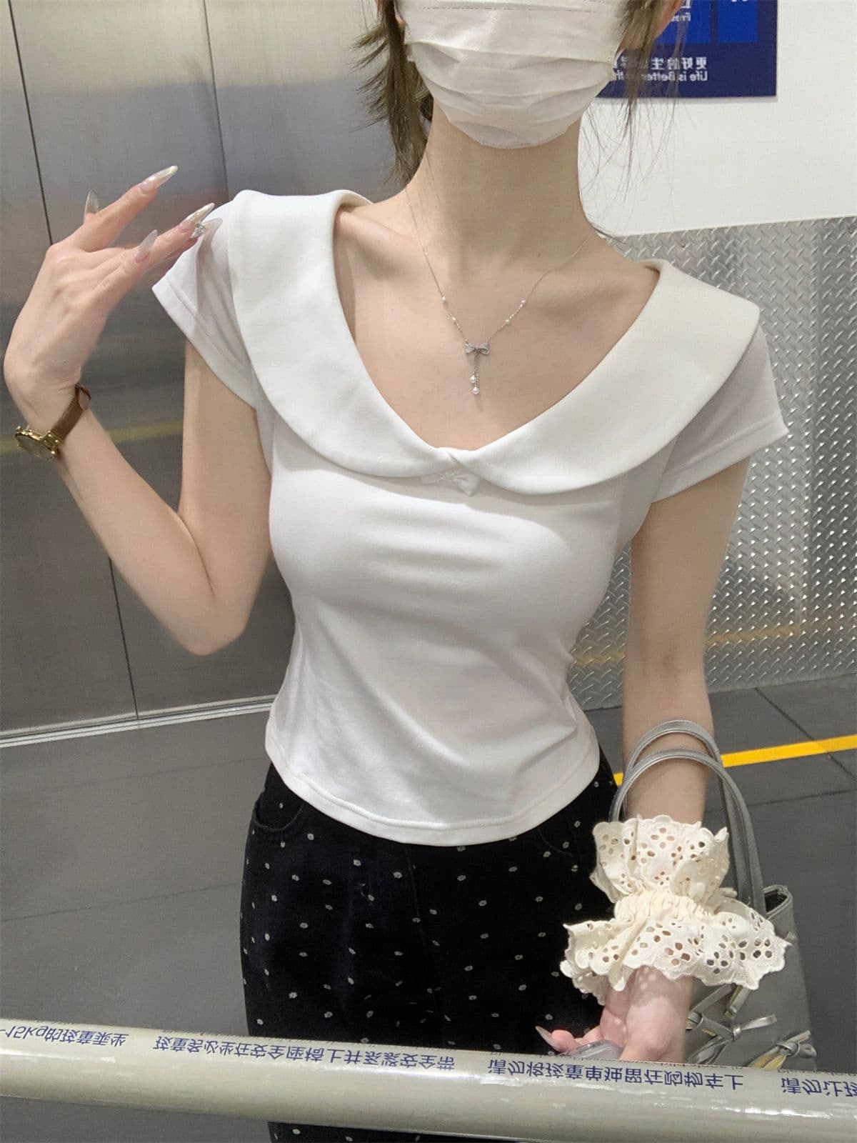 순수한 욕망 달콤함 베이비 칼라 반팔 티셔츠 여성 여름 새로운 연령 감소 쇼트 스타일 슬림해 보이는 순면 긍정적 인 어깨 다용도 맨위 상세 이미지 6