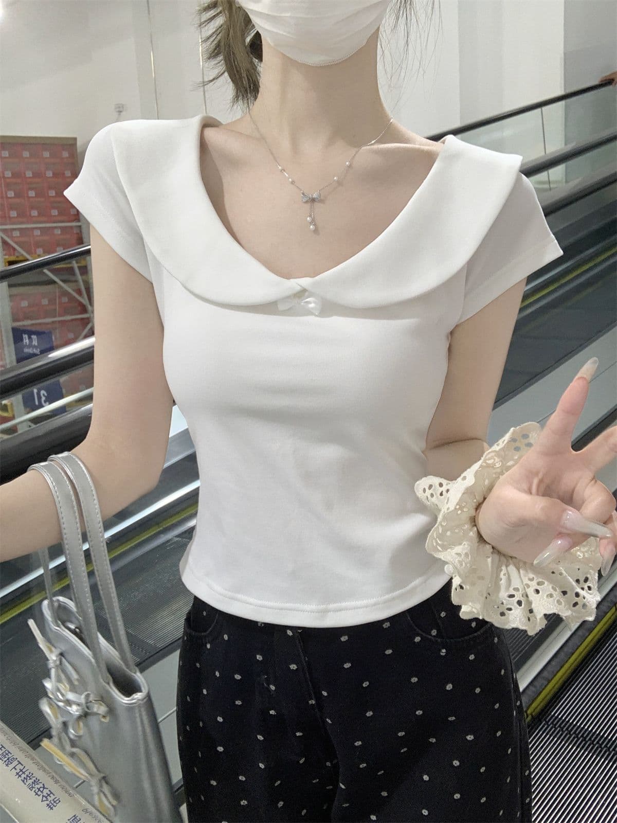 순수한 욕망 달콤함 베이비 칼라 반팔 티셔츠 여성 여름 새로운 연령 감소 쇼트 스타일 슬림해 보이는 순면 긍정적 인 어깨 다용도 맨위 상세 이미지 8