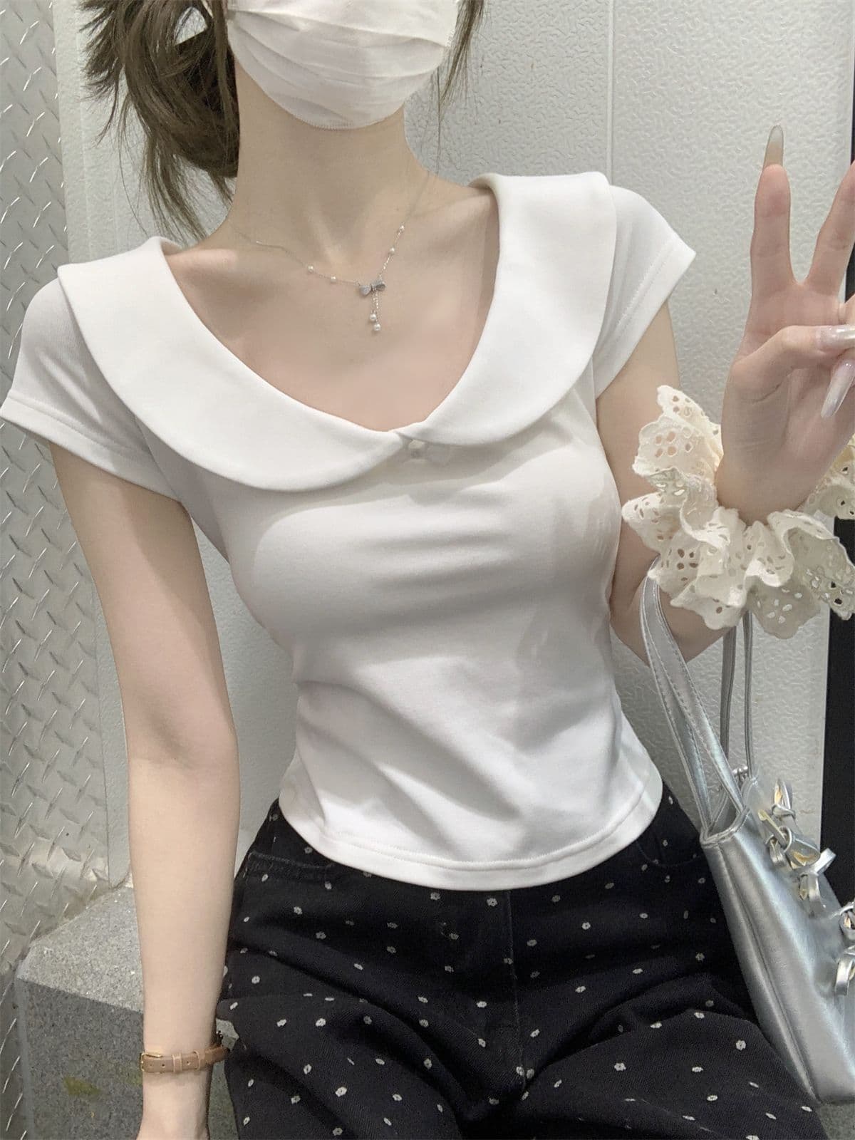 순수한 욕망 달콤함 베이비 칼라 반팔 티셔츠 여성 여름 새로운 연령 감소 쇼트 스타일 슬림해 보이는 순면 긍정적 인 어깨 다용도 맨위 상세 이미지 11