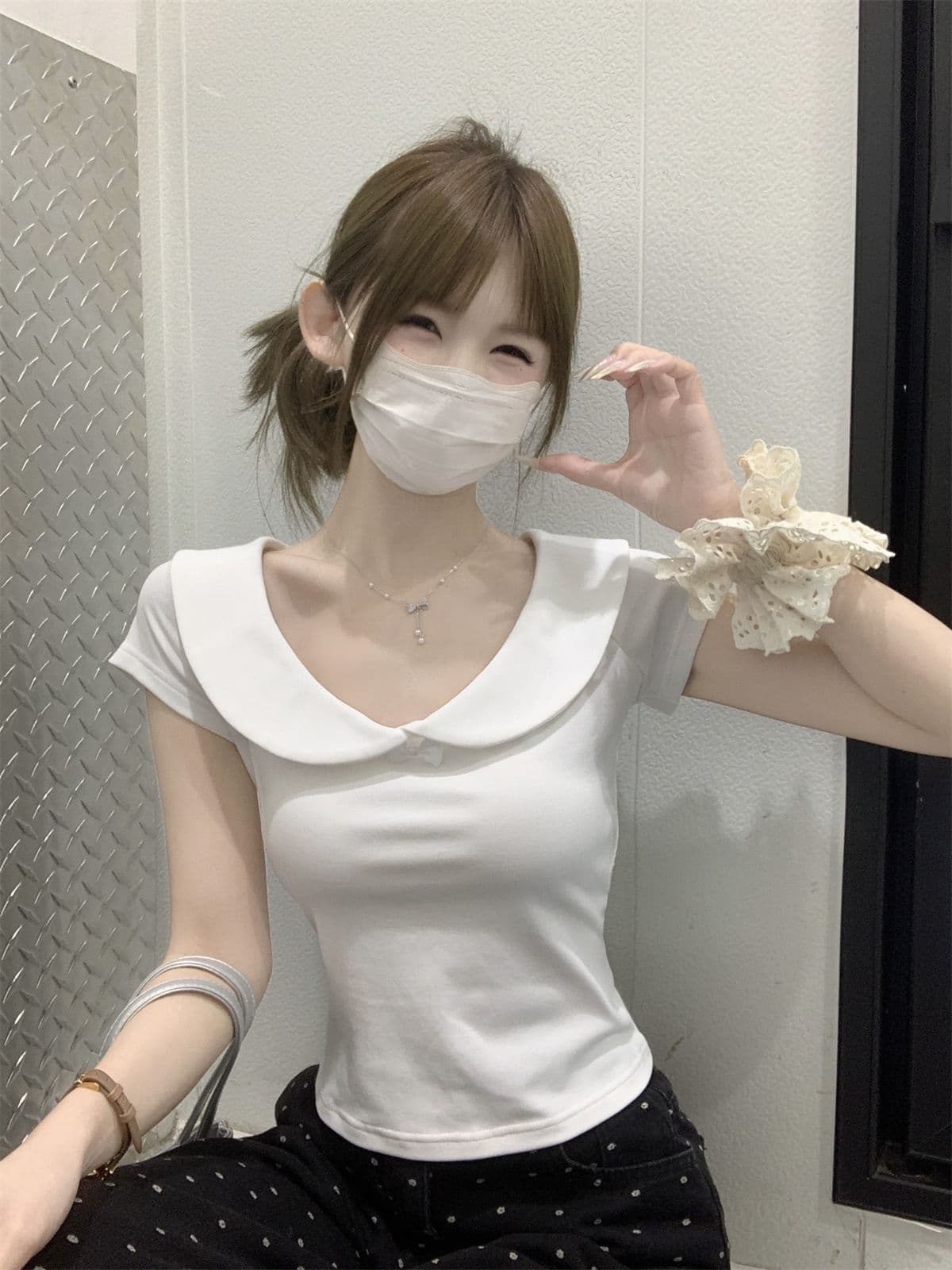 순수한 욕망 달콤함 베이비 칼라 반팔 티셔츠 여성 여름 새로운 연령 감소 쇼트 스타일 슬림해 보이는 순면 긍정적 인 어깨 다용도 맨위 상세 이미지 12