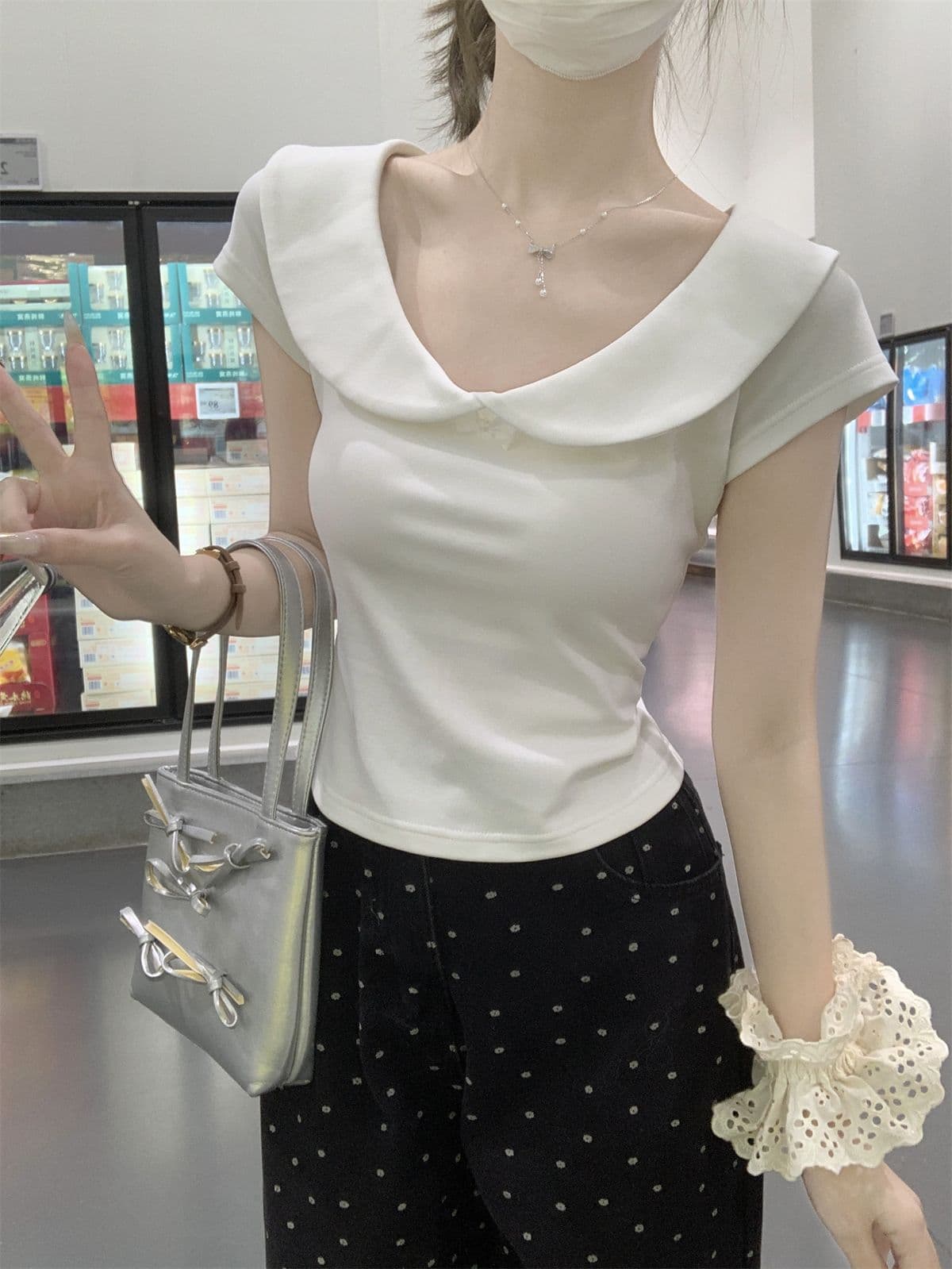 순수한 욕망 달콤함 베이비 칼라 반팔 티셔츠 여성 여름 새로운 연령 감소 쇼트 스타일 슬림해 보이는 순면 긍정적 인 어깨 다용도 맨위 상세 이미지 13