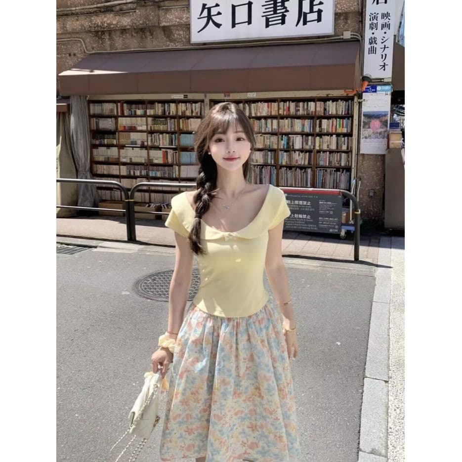 우유 황색 순수한 욕망 긍정적 인 어깨 라운드 넥 반팔 티셔츠 여성 여름 몸매 가꾸기 슬림해 보이는 꼬집기 허리 위로 의류 이미지 4
