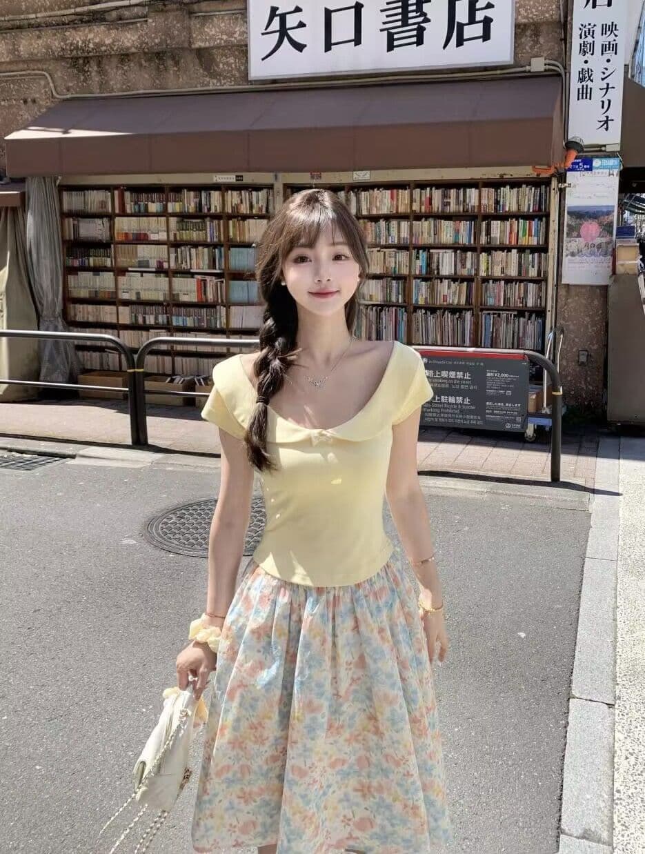 우유 황색 순수한 욕망 긍정적 인 어깨 라운드 넥 반팔 티셔츠 여성 여름 몸매 가꾸기 슬림해 보이는 꼬집기 허리 위로 의류 상세 이미지 4