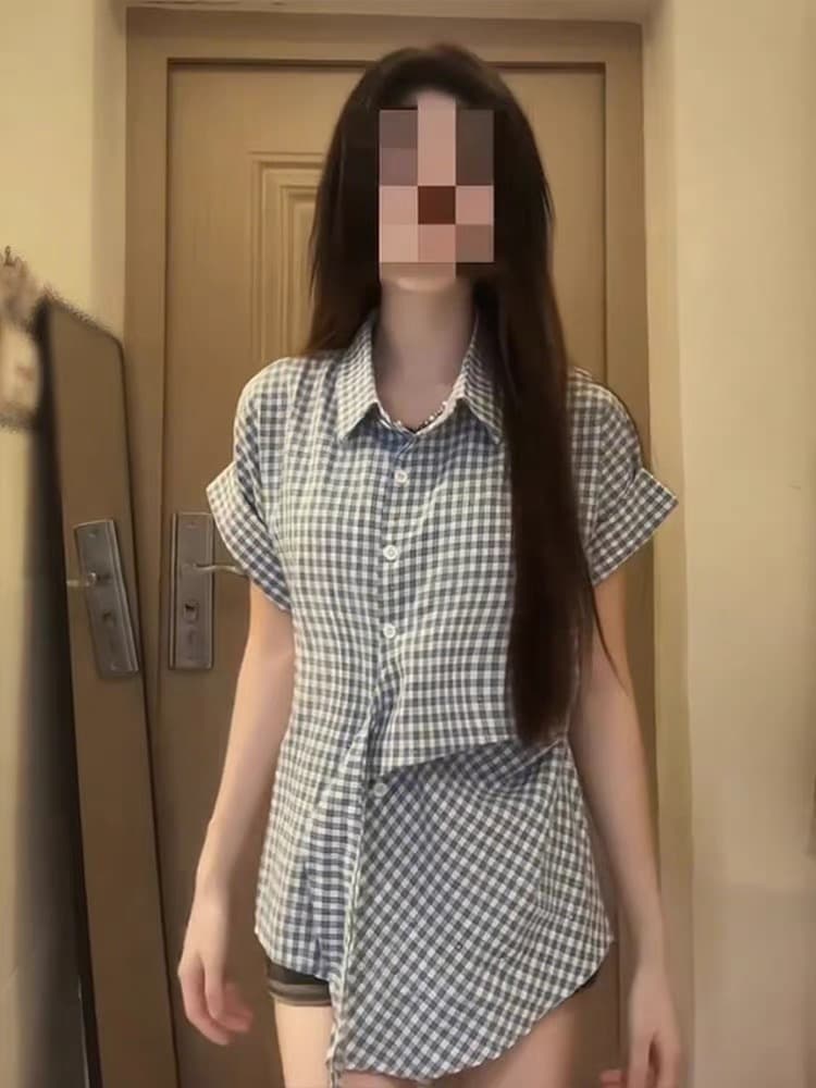프랑스식 레트로 반팔 POLO 칼라 여성 셔츠 여름 디자인 센스 허리 수축 슬림해 보이는 불규칙 레이스업 체크무늬 맨위 상세 이미지 3