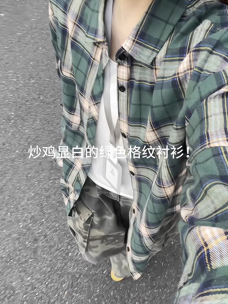 아메리칸 녹색 격자 무늬 셔츠 긴팔 가을 느긋한 바람 안감 상세 이미지 4