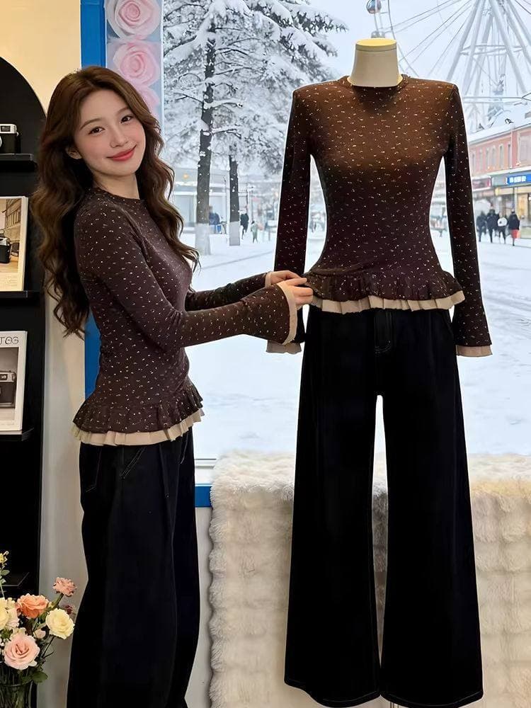 한 부서 프릴 긴팔 티셔츠 여성 2026 새로운 꼬집기 허리 슬림해 보이는 꽃무늬 달콤함 맨위 상세 이미지 4