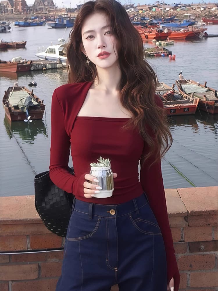 한 부서 광장 칼라 긴팔 티셔츠 여성 새로운 몸매 가꾸기 슬림해 보이는 패션 품격 다용도 기본 셔츠