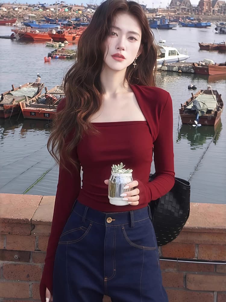 한 부서 광장 칼라 긴팔 티셔츠 여성 새로운 몸매 가꾸기 슬림해 보이는 패션 품격 다용도 기본 셔츠 이미지 2