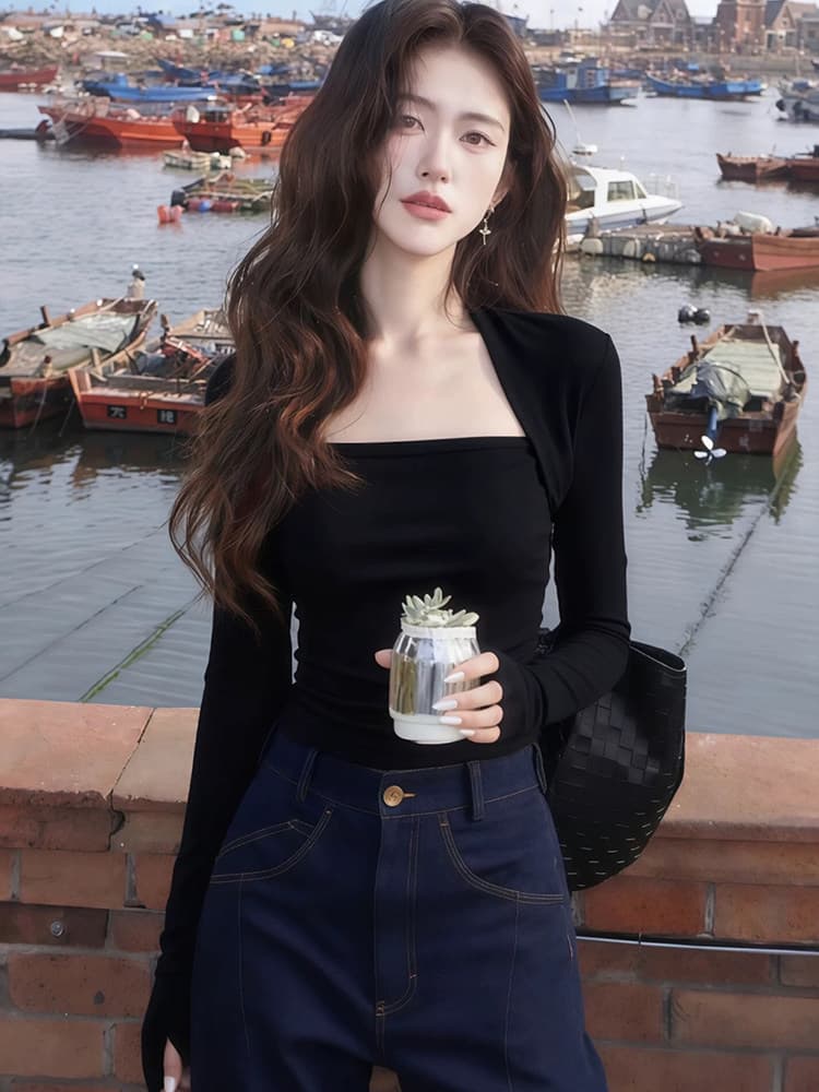 한 부서 광장 칼라 긴팔 티셔츠 여성 새로운 몸매 가꾸기 슬림해 보이는 패션 품격 다용도 기본 셔츠 이미지 3